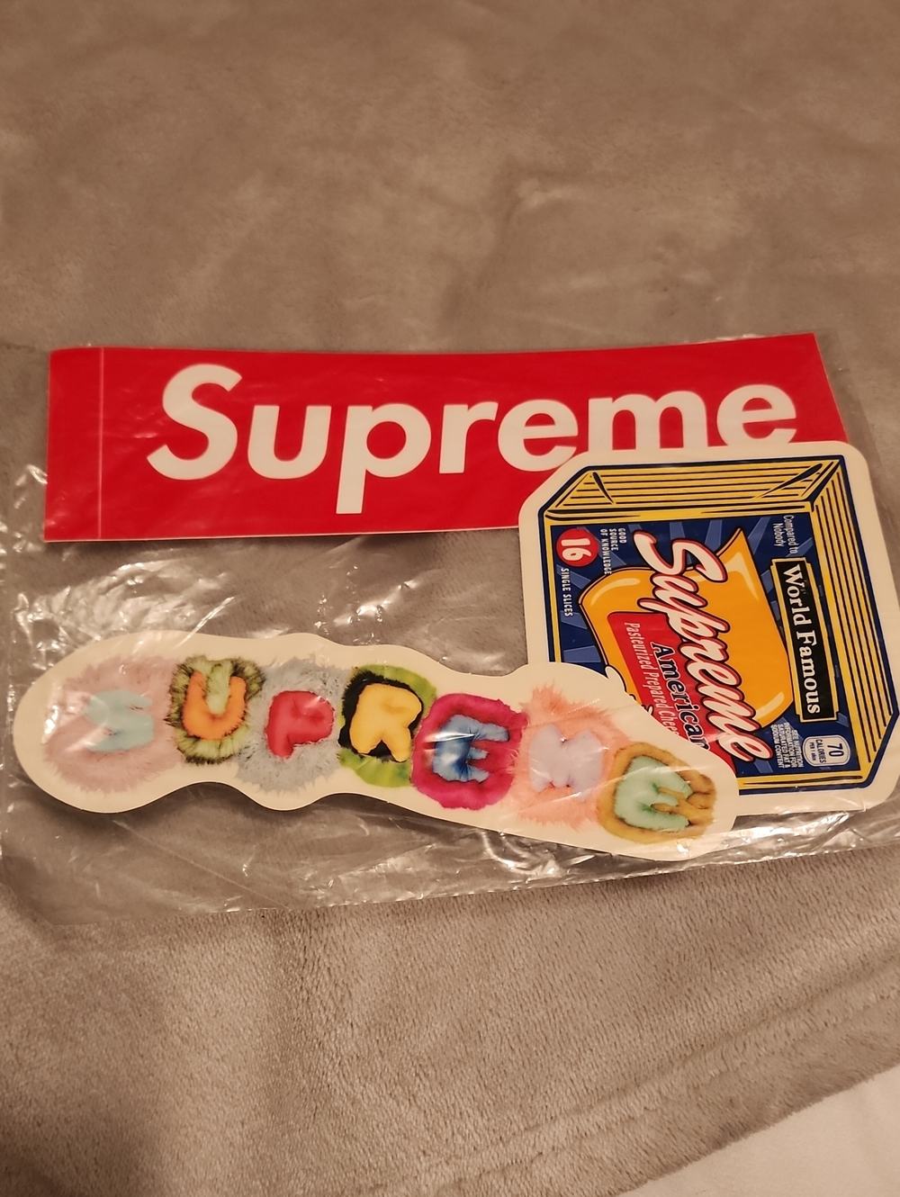 Supreme Red Logo Sticker and Multicolor Puff-Letter And Cheese Sticker Set